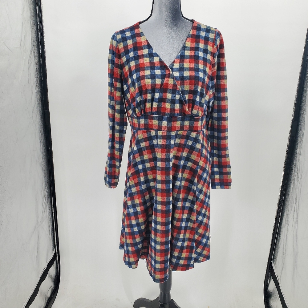 ♤♤ Frock Shop Plaid Long Sleeve V-neck Midi Dress Red Blue White Size Large